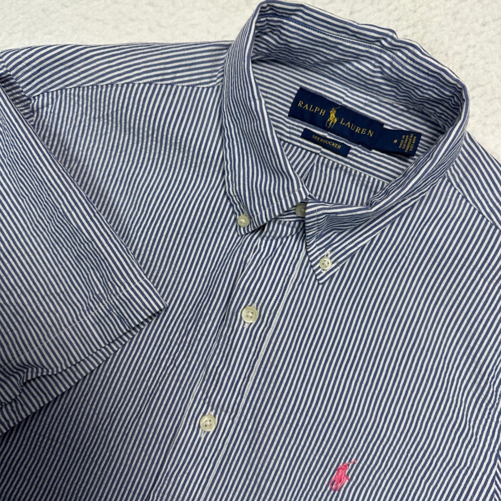 Ralph Lauren Mens Seersucker Short‎ Sleeve Button Down Shirt Blue White Stripe M